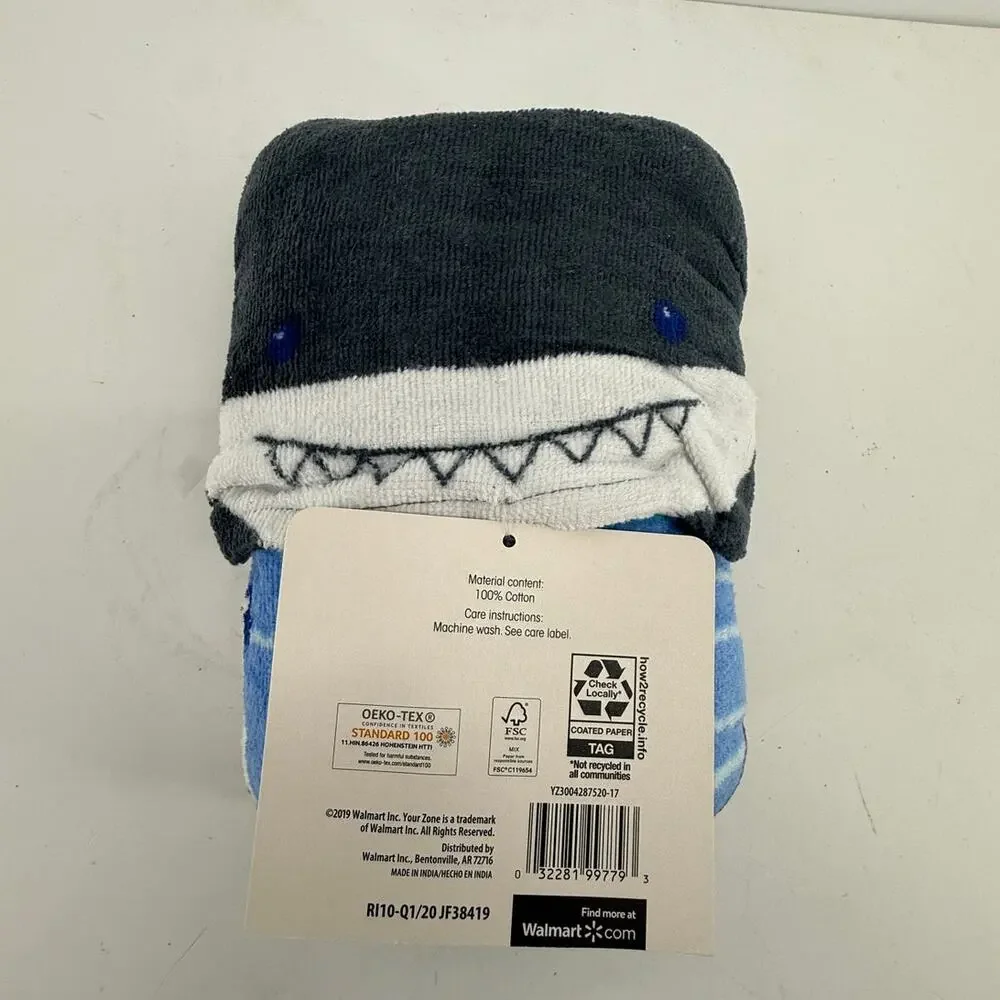 Kids Shark Hooded Beach Poncho Towel Cotton Pool Swim Cover Up Blue 24 x 48